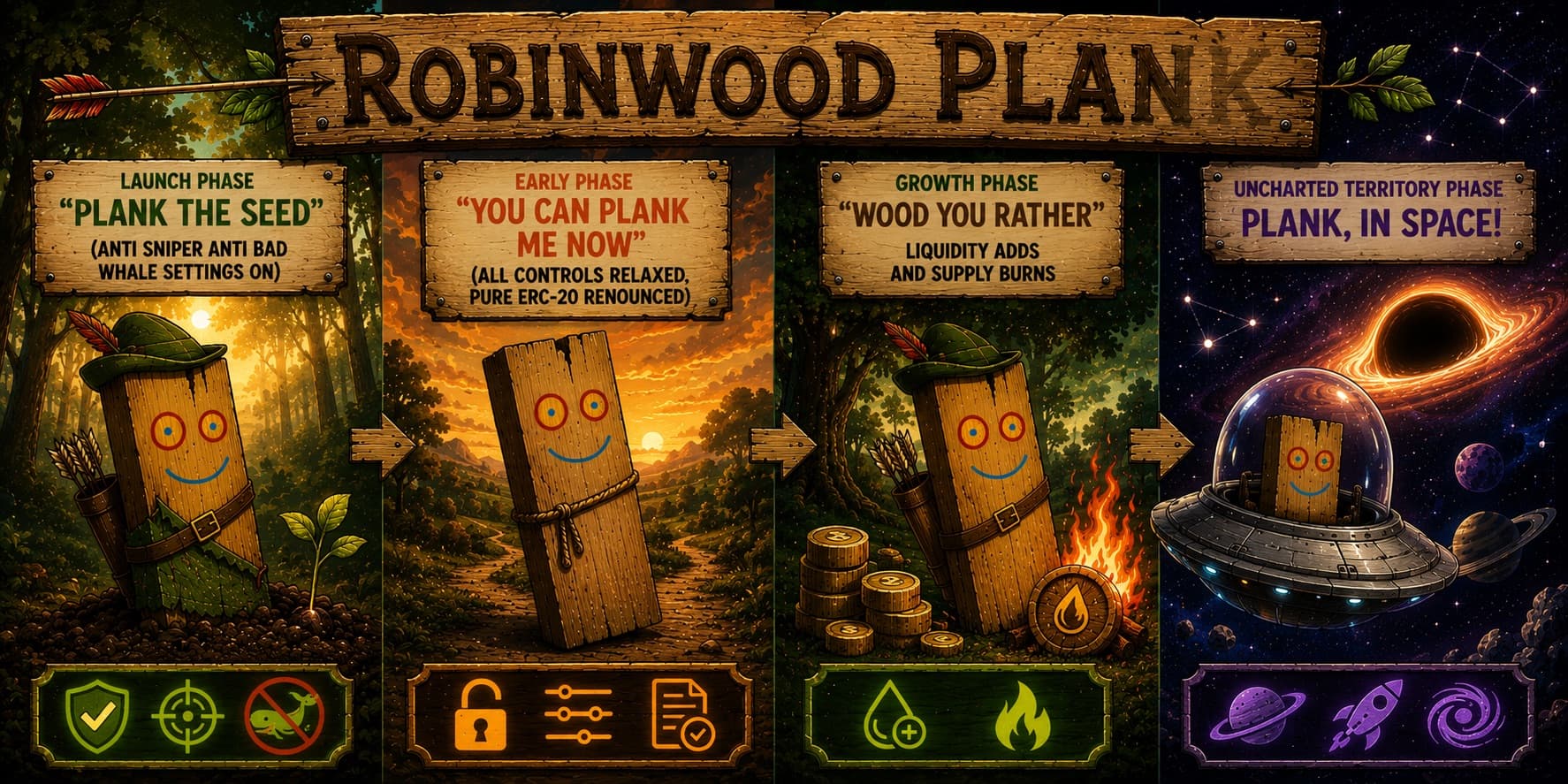 RobinWood Plank roadmap banner showing four phases: Plank the Seed, You Can Plank Me Now, Wood You Rather, and Plank in Space